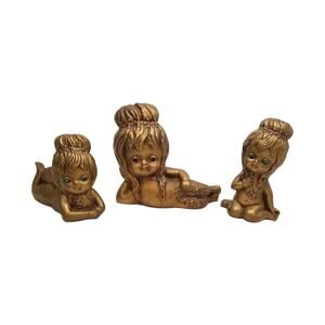 Mid Century Gold Kitsch Sassy Nakey Girl Angel Statues, Set of 3, 7"